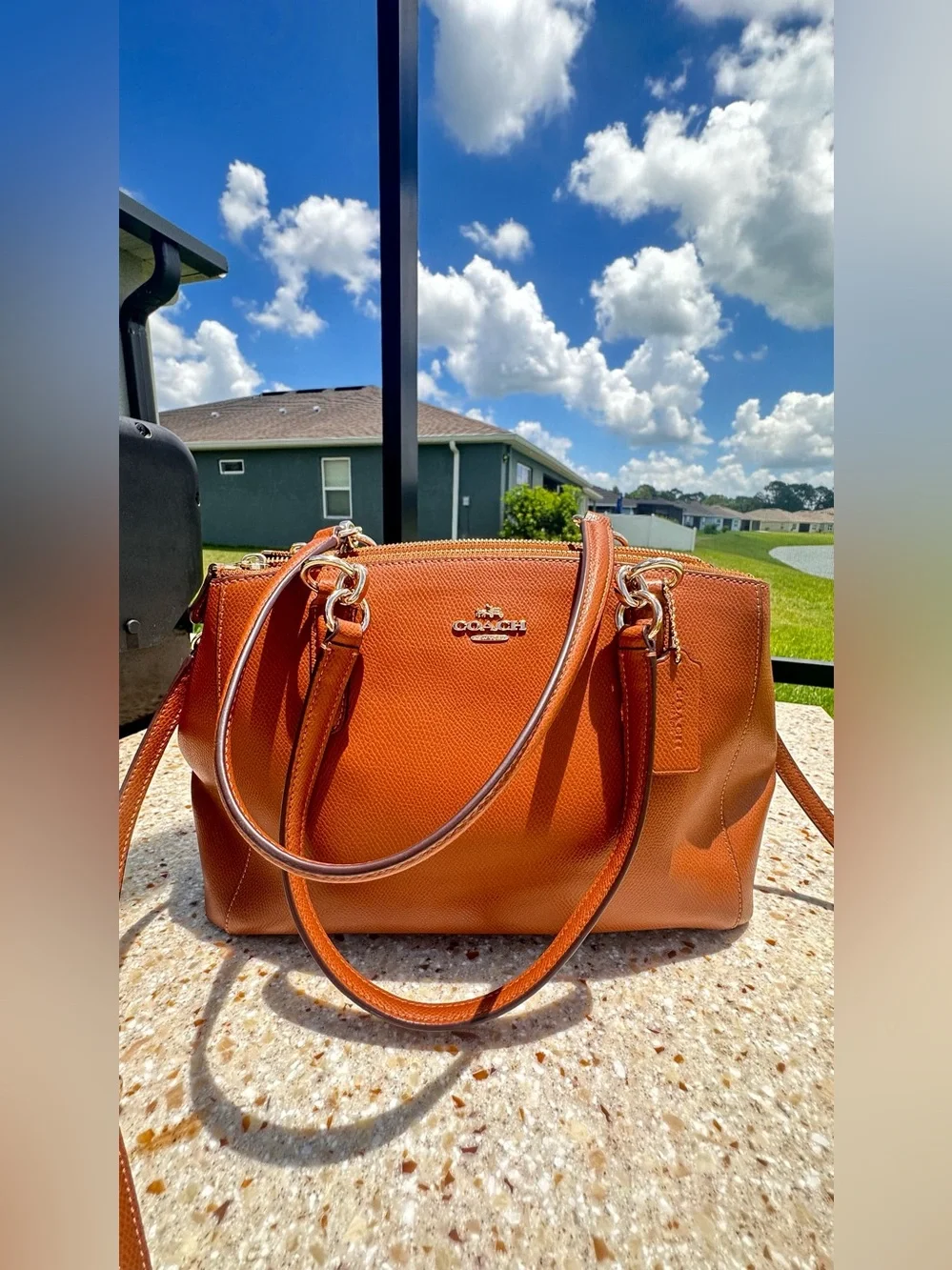 Coach Christie Carryall in a brown, textured leather with gold-tone hardware